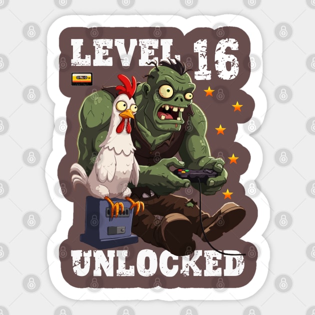 Level 16 Unlocked, Birthday - Zombie And Chicken Sticker by Megadorim